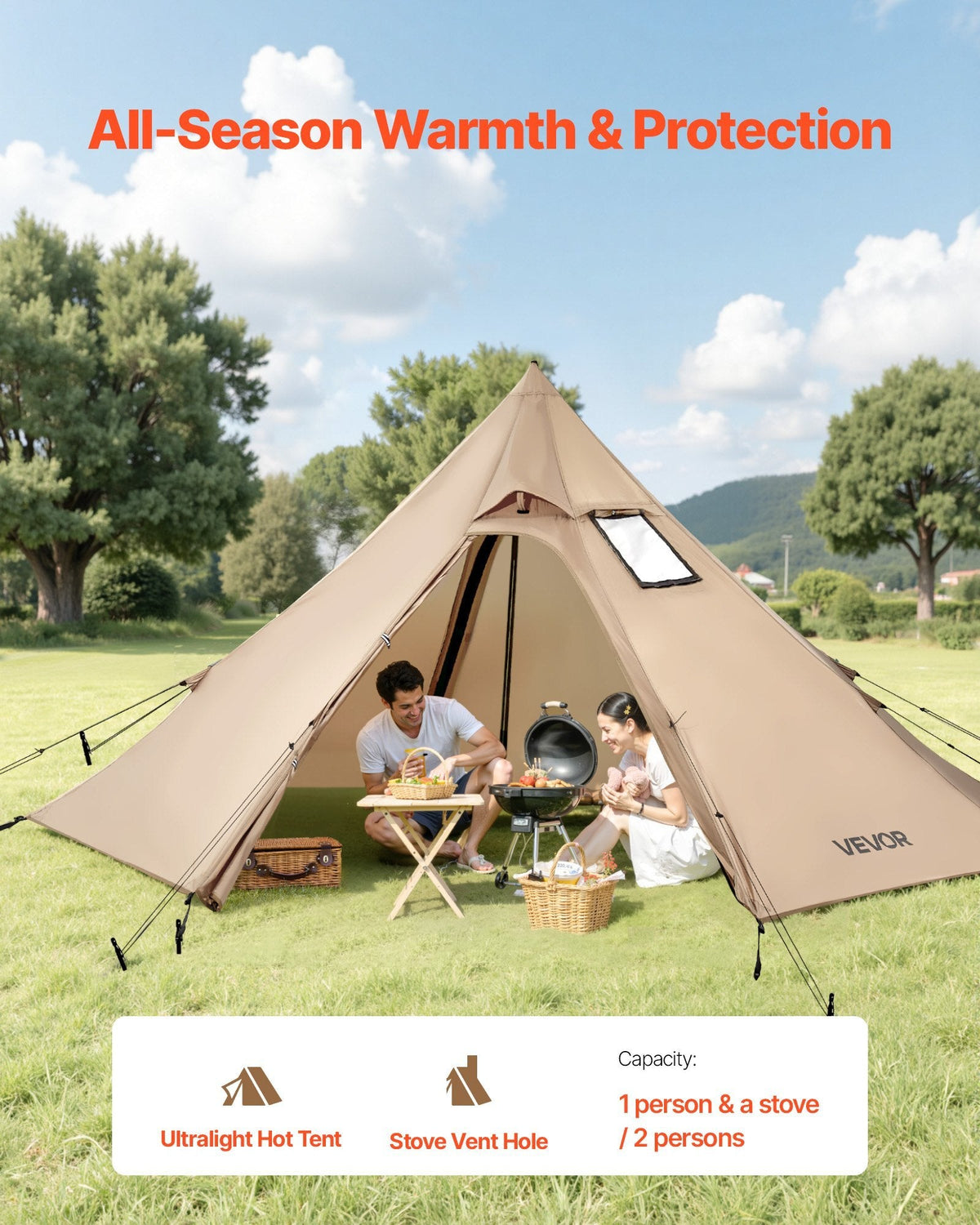 Hot Tent for 2 Persons, Portable Winter Tipi Tent with Stove Jack, Waterproof Camping Tents, Lightweight 4 Season Shelter Tents for Hiking Fishing Backpacking, S Size