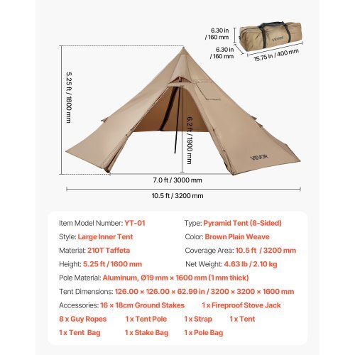 Hot Tent for 2 Persons, Portable Winter Tipi Tent with Stove Jack, Waterproof Camping Tents, Lightweight 4 Season Shelter Tents for Hiking Fishing Backpacking, S Size