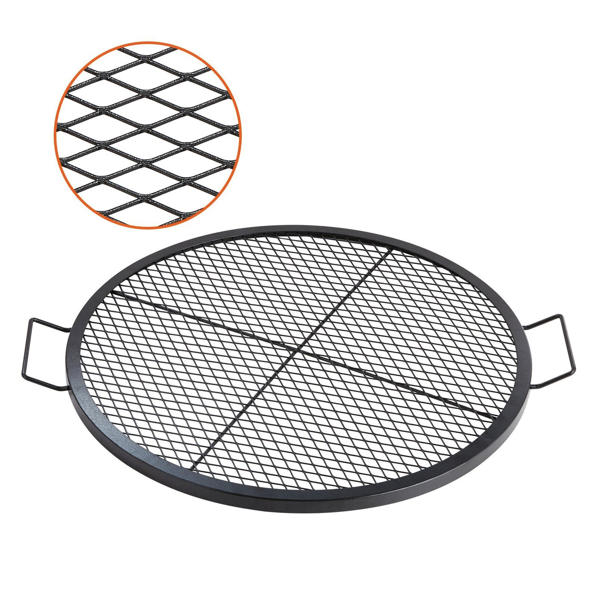 X-Marks Fire Pit Grill Grate, Round Cooking Grate, Heavy Duty Steel Campfire BBQ Grill Grid with Handle and Support X Wire, Portable Camping Cookware for Outside Party & Gathering, 30 Inch Black