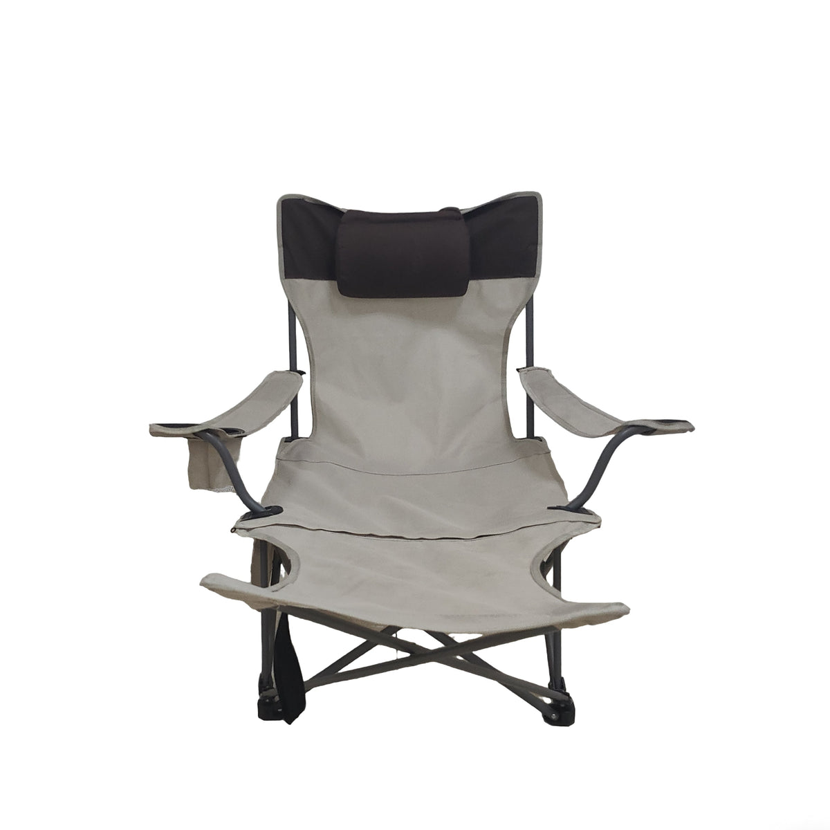 Beige Outdoor Folding Camping Chair with Adjustable Recline and Cup Holder