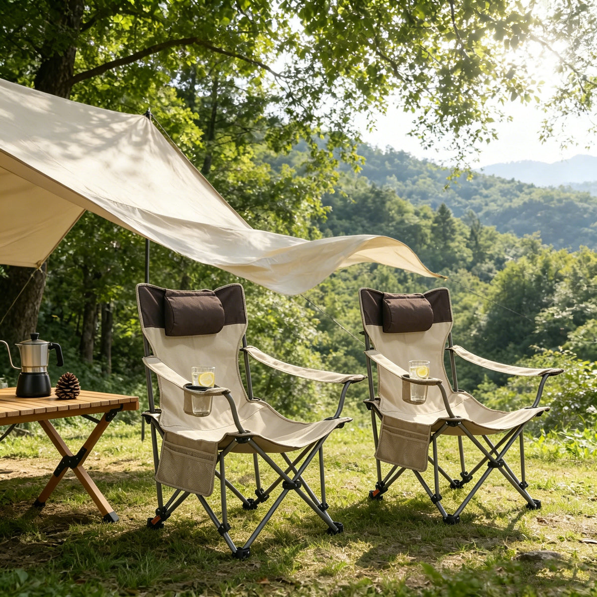 2PCS Outdoor Folding Camping Chairs with Adjustable Reclining - Polyester