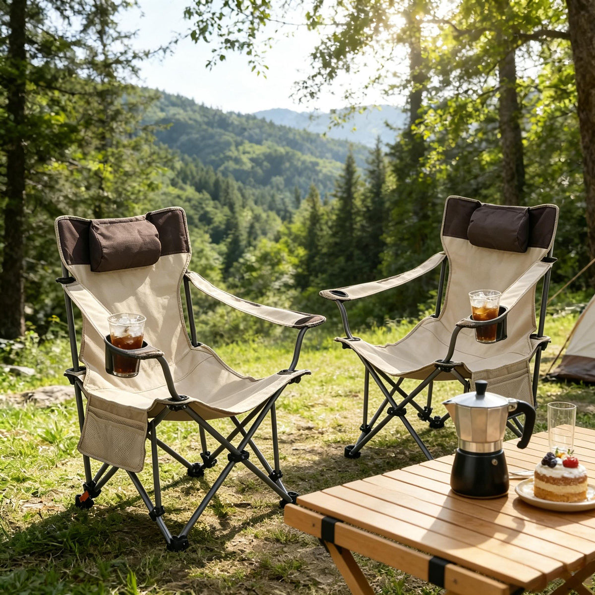 2PCS Outdoor Folding Camping Chairs with Adjustable Reclining - Polyester