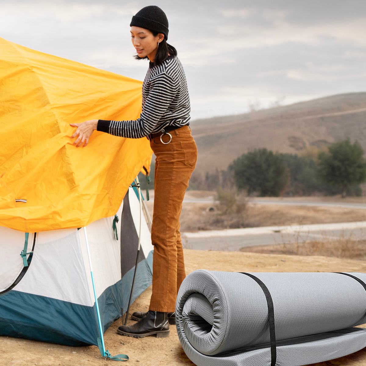 Memory Foam Camping Mattress with Water-Resistant Zipper Cover - Gray Single 3" H