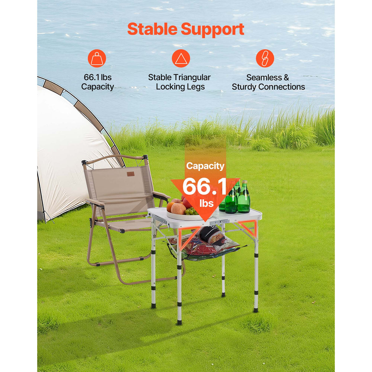 Folding Portable Camping Table with Adjustable Height – Silver or Black