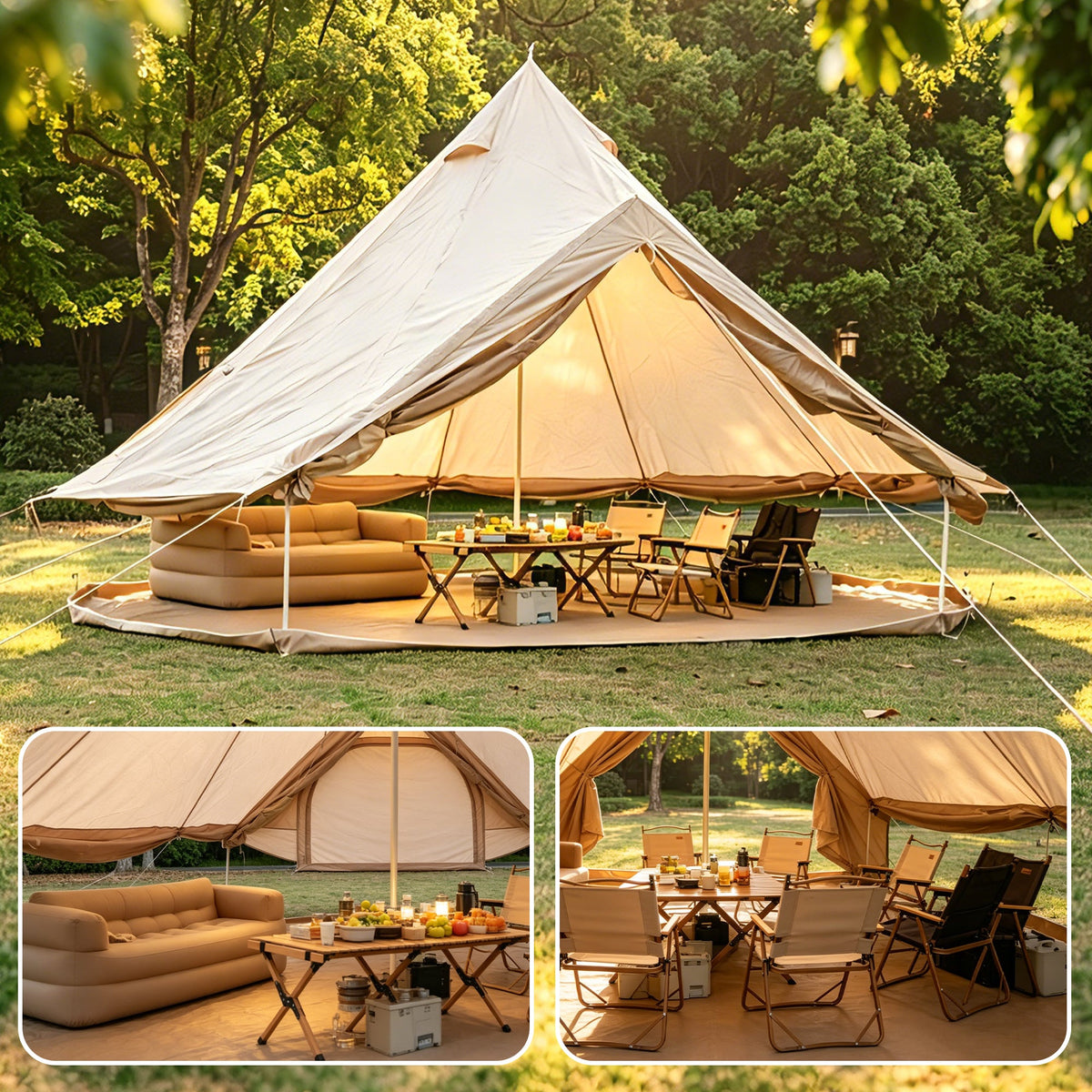 Oxford Bell Tent for Family Camping with Stove Jack - Beige or Dark Green