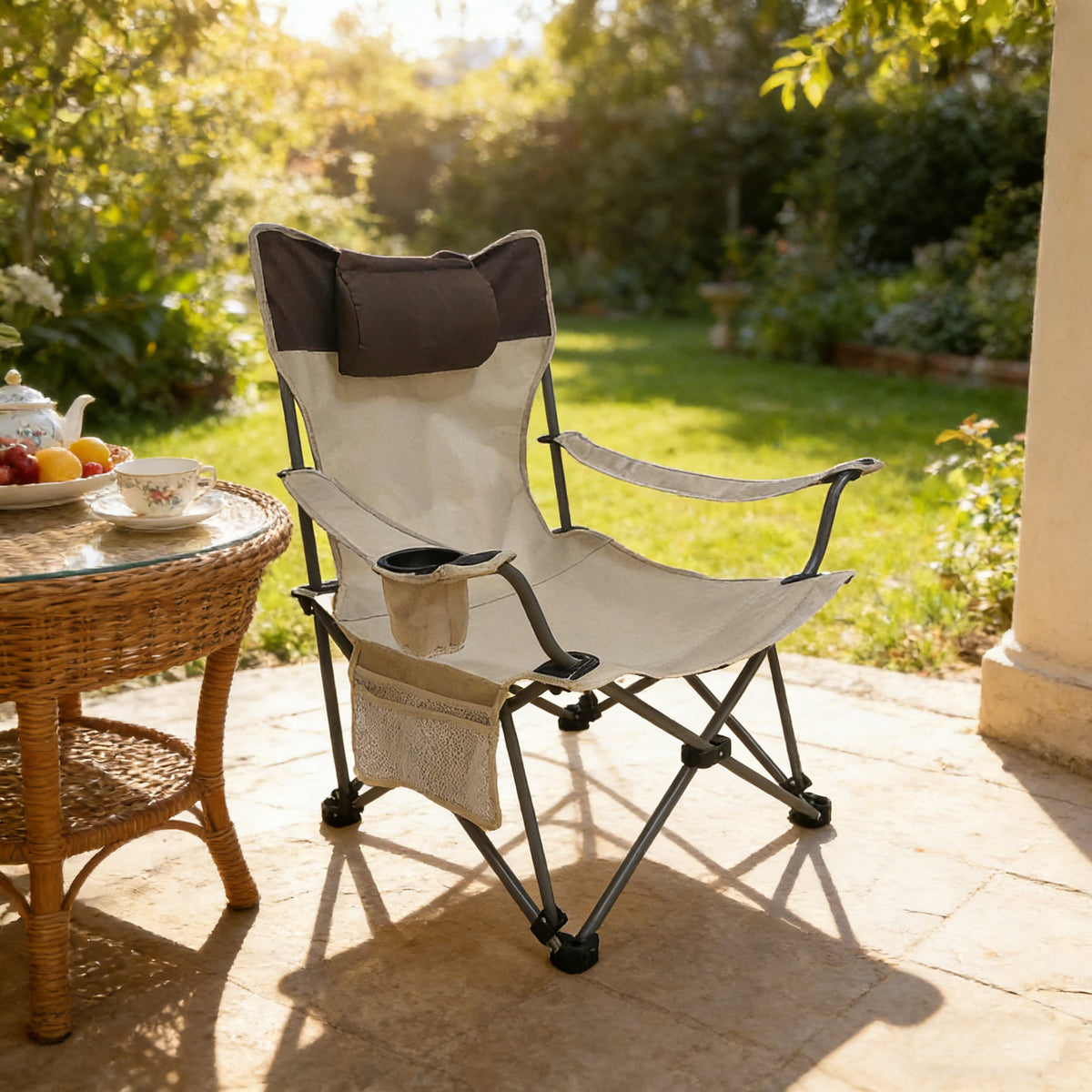 Beige Outdoor Folding Camping Chair with Adjustable Recline and Cup Holder
