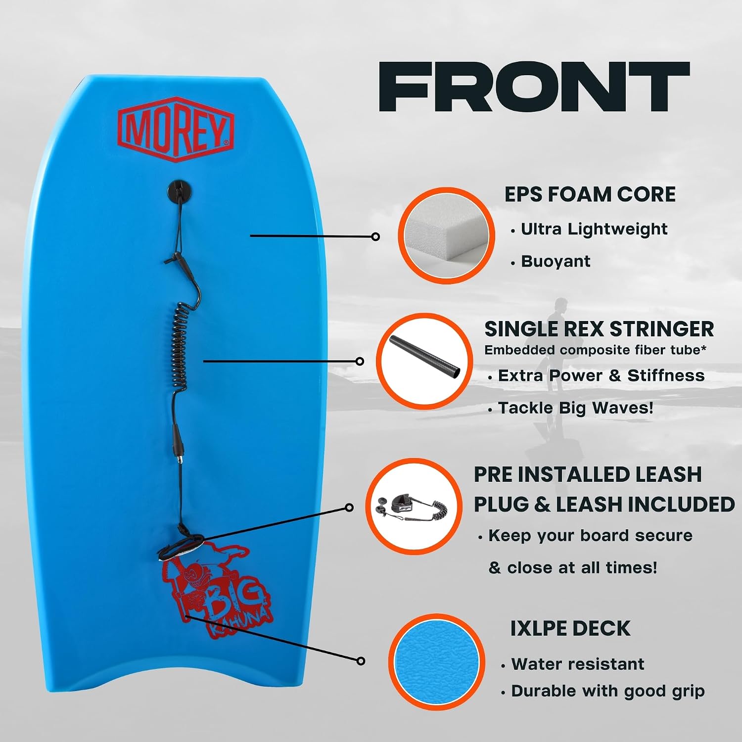 Morey Big Kahuna 45" Bodyboard with Coiled Leash