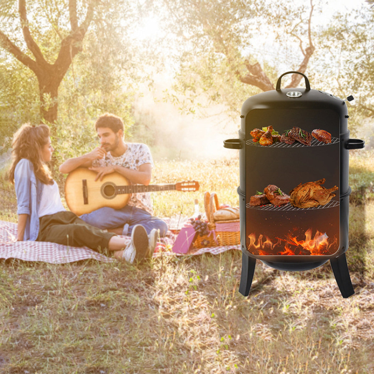 Outdoor Double-Layer Steel Grill Charcoal Wood Fired Stove - Black