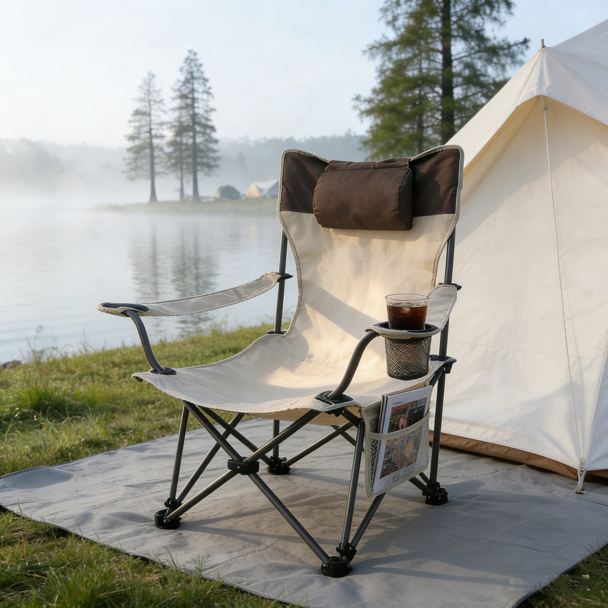 Beige Outdoor Folding Camping Chair with Adjustable Recline and Cup Holder
