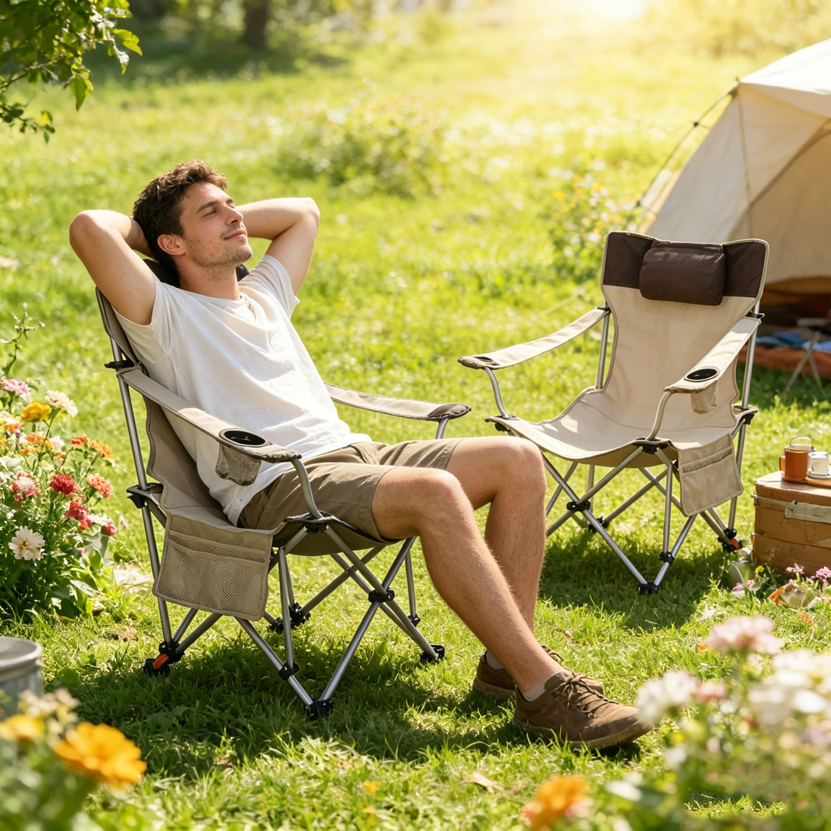 2PCS Outdoor Folding Camping Chairs with Adjustable Reclining - Polyester