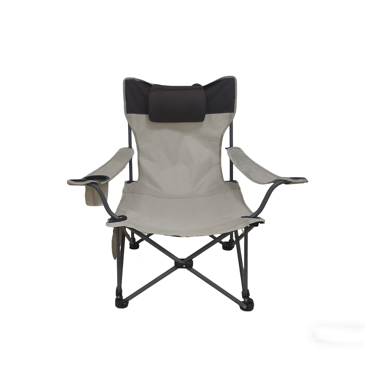 Beige Outdoor Folding Camping Chair with Adjustable Recline and Cup Holder