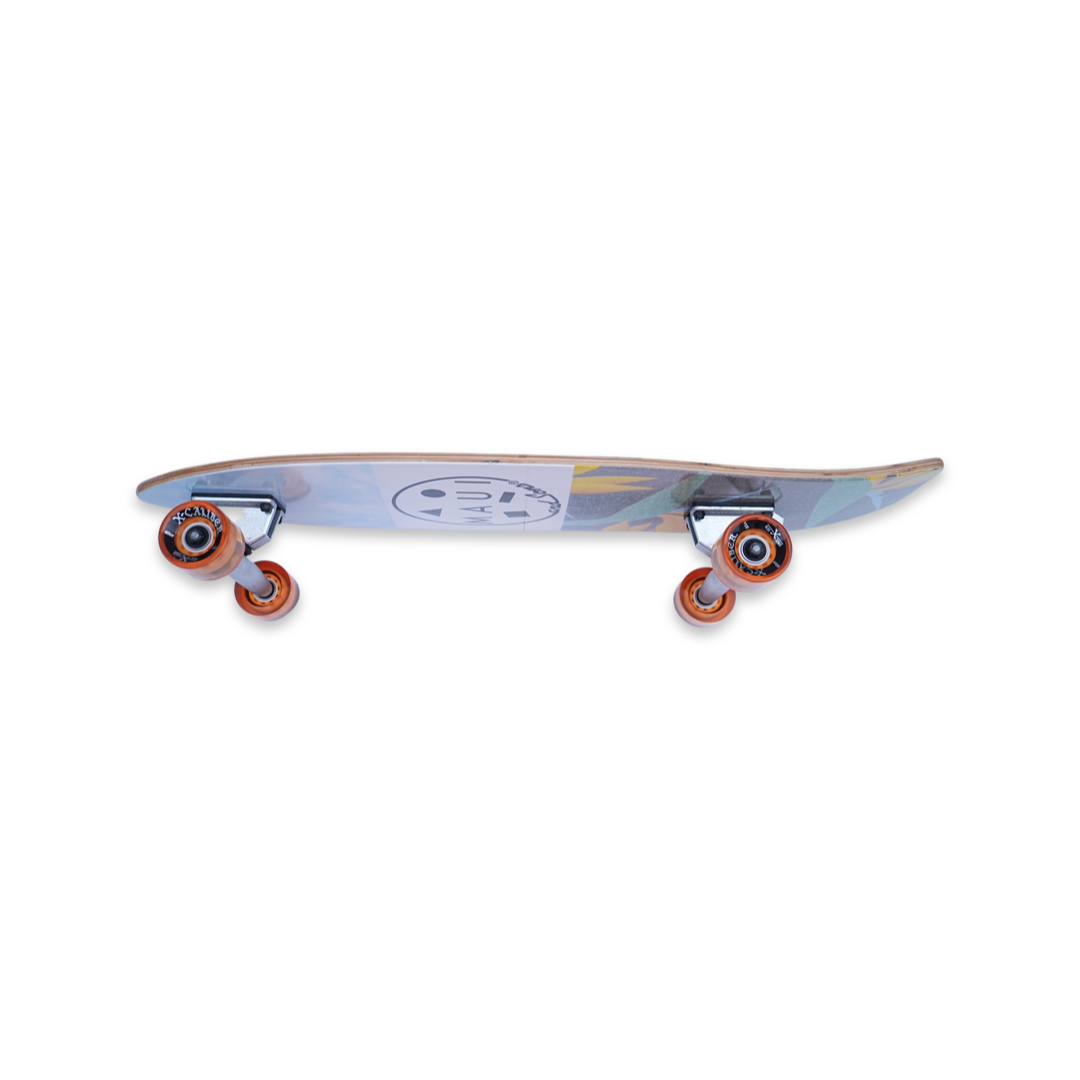 Side view of a blue 30" cruiser style skateboard showing more of the underside and revealing the orange wheels mounted on skateboard trucks