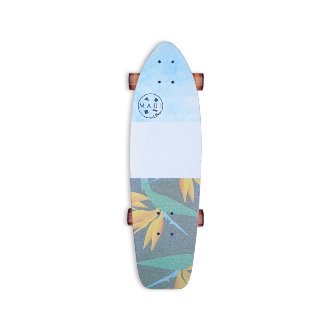 Top view of a 30" cruiser style skate board in light blue, showing the Maui and Sons logo with painted birds of paradise design