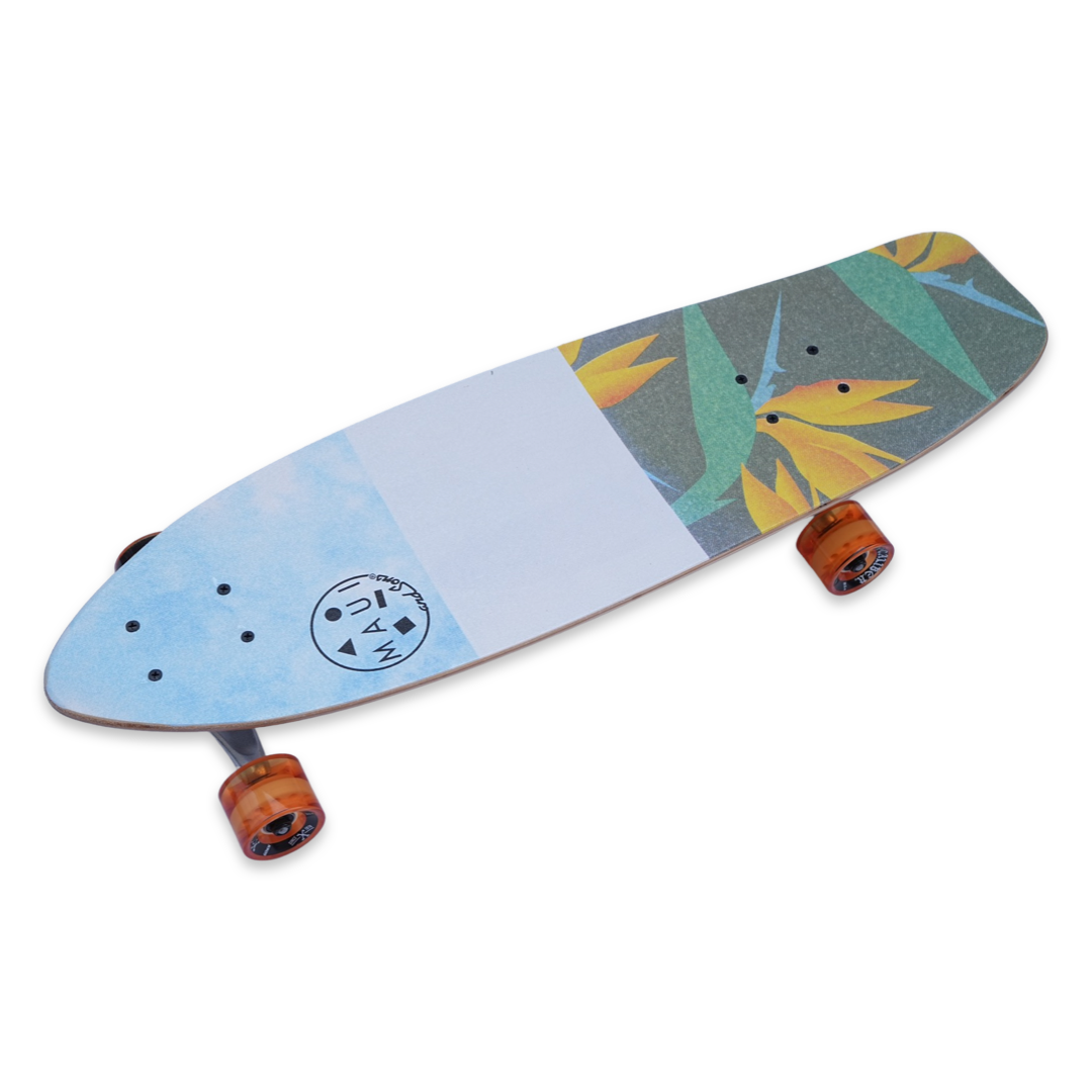 Angled view from the top of a blue 30" cruiser style skateboard, detailing the orange wheels