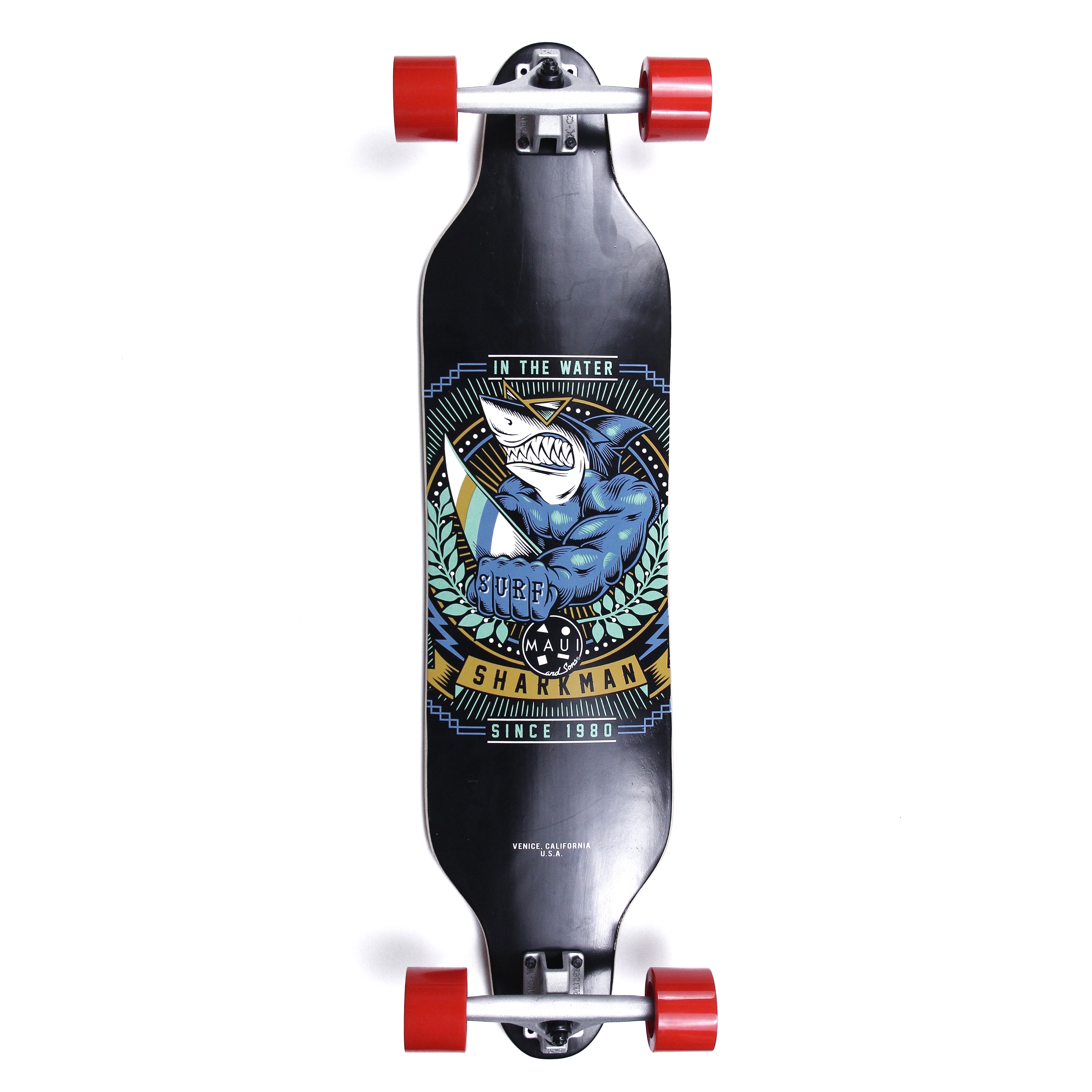 36" Long black skateboard with a decal showing a muscular shark holding a surfboard