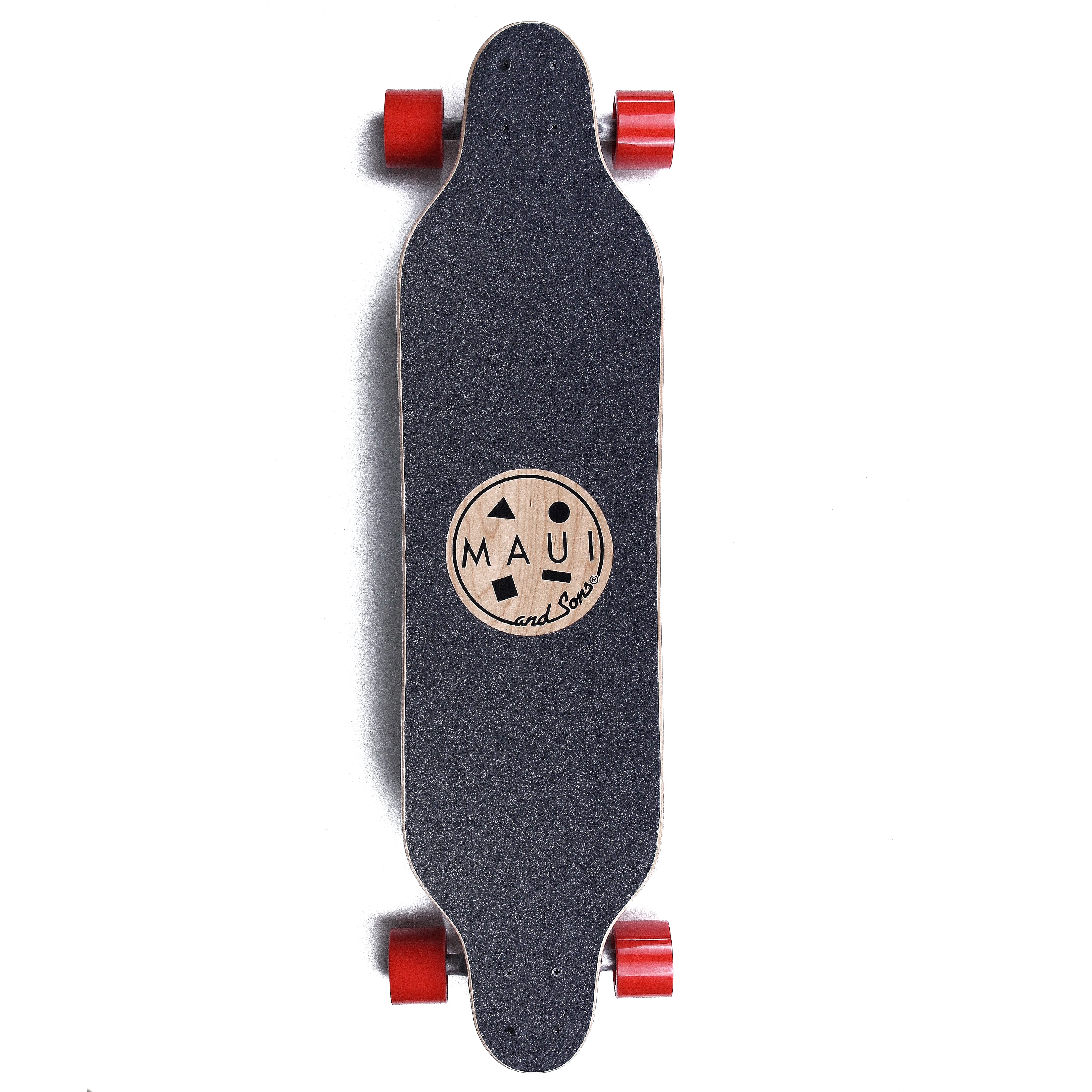 Top view of 36" longboard showing laser cut Maui logo on grip tape material and red wheels