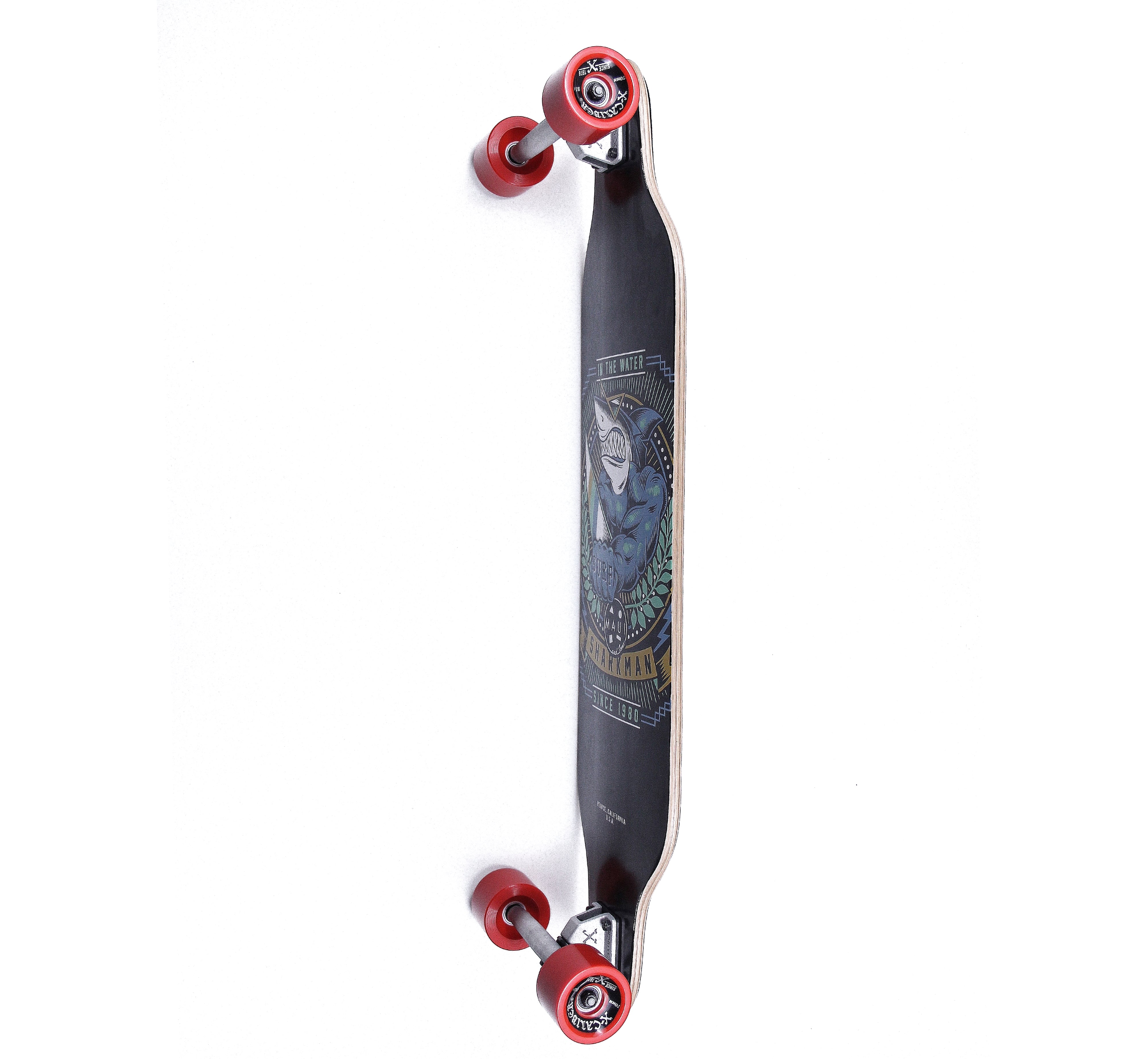 Side view of 36" black long board details the red wheels and skateboard trucks