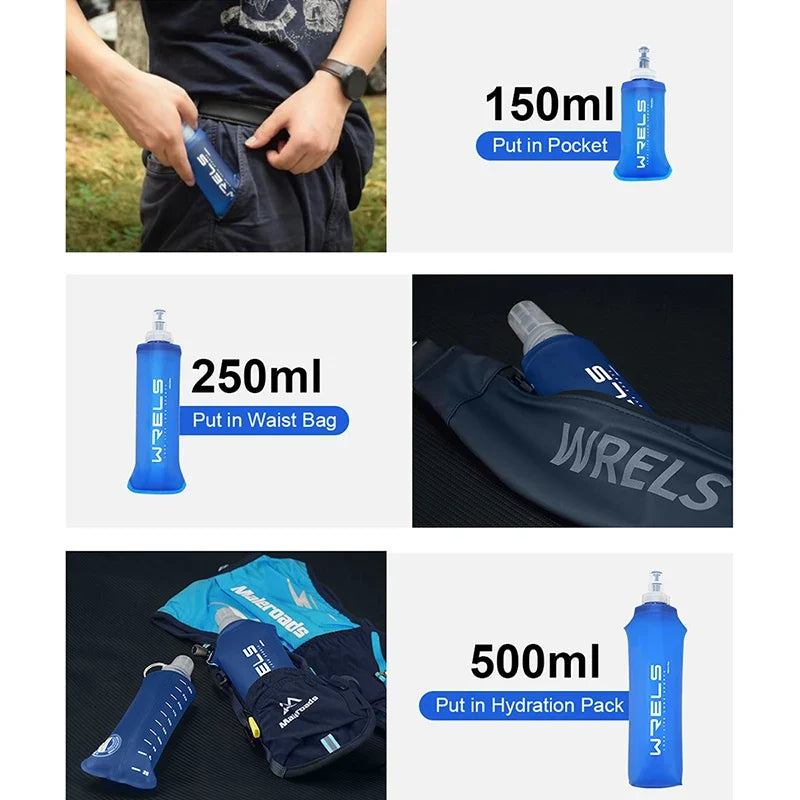 WRELS Folding Water Bottle TPU BPA-Free Collapsible Soft Flask Outdoor Sport Hiking Camping Running Portable Soft Water Bottle