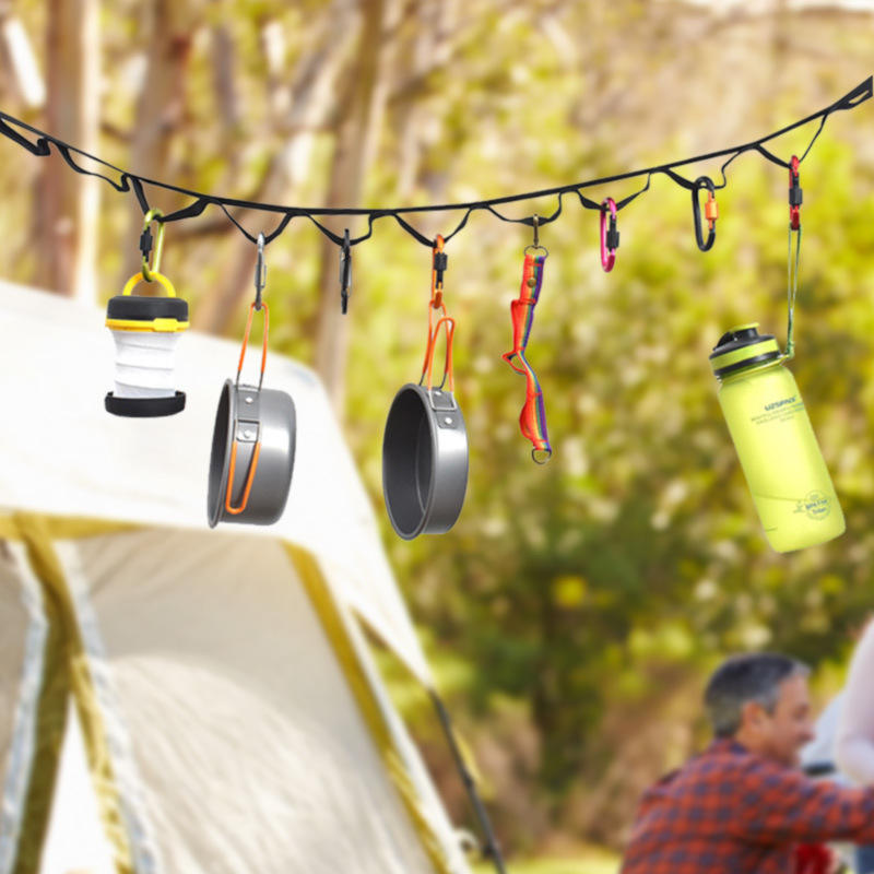 Outdoor camping tent storage rope adjustable clothesline strap camping lanyard with 19 hook hangers