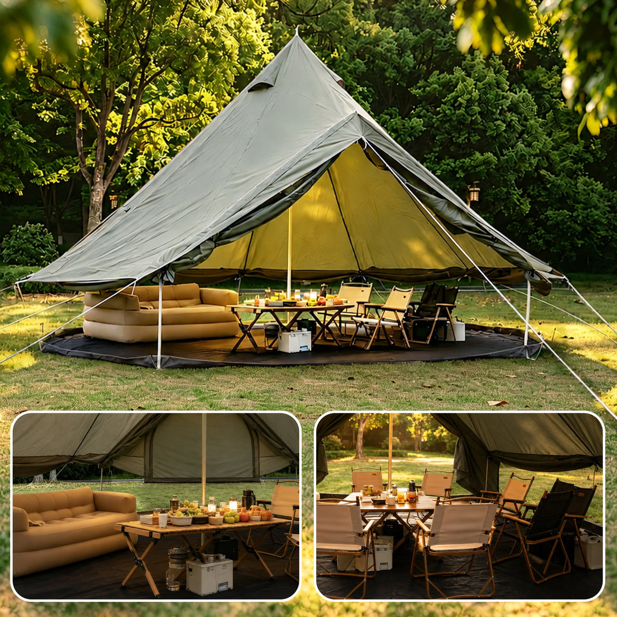 Oxford Bell Tent for Family Camping with Stove Jack - Beige or Dark Green