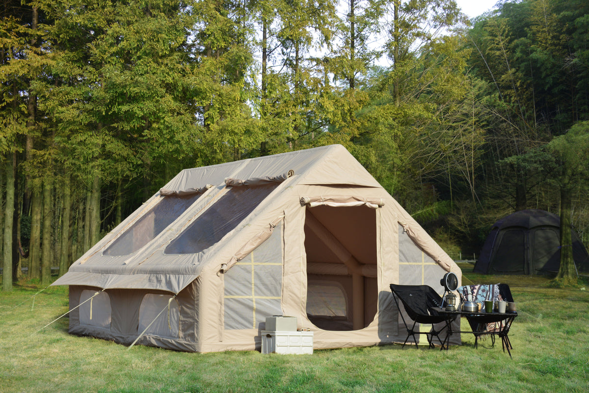 Inflatable Camping Tent with Hand Pump and Mesh Windows - Beige