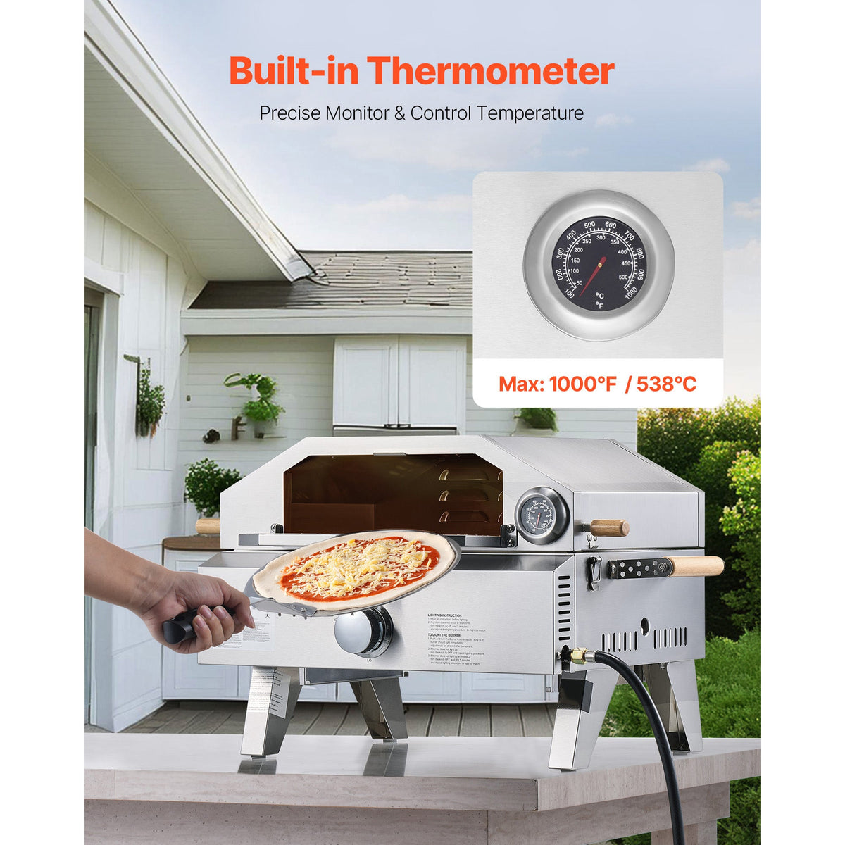 Outdoor Gas Pizza Oven with Thermometer - Stainless Steel