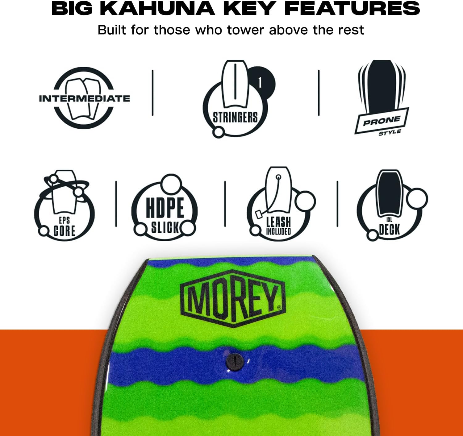 Morey Big Kahuna 45" Bodyboard with Coiled Leash, Lime Green