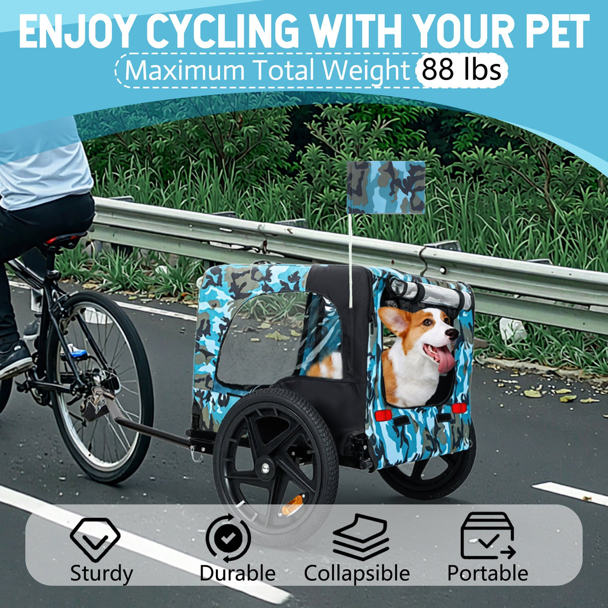 Outdoor Heavy Duty Collapsible Pet Bike Trailer with 16-Inch Wheels
